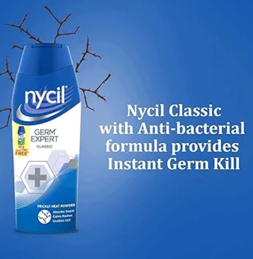 Talcum & Prickly Heat Powder- Nycil Germ Expert Prickly Heat Powder which Absorbs Sweat, Calms Rashes & Soothes Itch 210gm (150gm+60gm Free worth Rs.75/-)