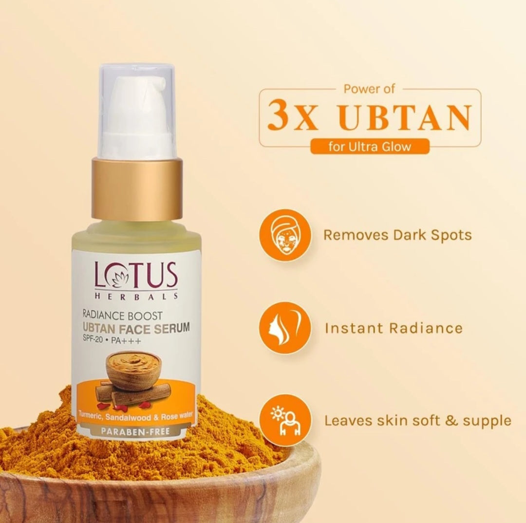 Face Serum- Lotus Herbal's Radiance Boost Paraben free Ubtan Face Serum with SPF-20 PA+++ enriched with Turmeric, Sandalwood & Rose Water which Rejuvenates Skin, Boosts Glow & Reduces Dark Spots, and is suitable for All Skin Types -30ml