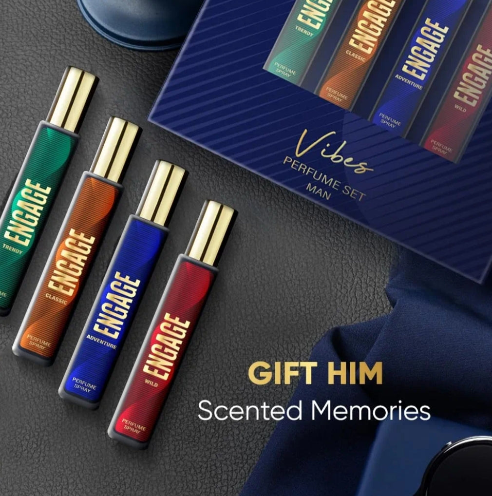 Perfumes & Deodorants- ENGAGE Vibes Perfumes Gift Set for Men with 4 Long-Lasting Fragrances (1. Trendy- Woody & Aromatic, 2. Classic- Citrus & Aromatic, 3. Adventure- Woody & Musk and 4. Wild- Woody & Amber) - 80ml (4x20ml)