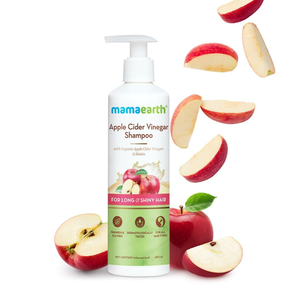 Hair Shampoo- Mamaearth Apple Cider Vinegar Shampoo with Organic Apple Cider Vinegar and Biotin designed for long & shiny hair, helping to boost shine, soothe cuticle damage and restore strength & volume - 250ml