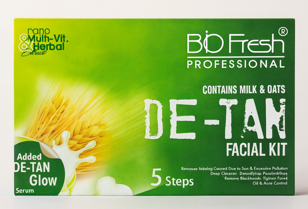 Facial Kit- BIO-FRESH Pure Herbal's 5-Steps (Scrub+Cream+Gel+Pack+Glow Serum De-Tan Facial Kit with Milk & Oats which Removes Tanning, Deep Cleanses, Removes Blackheads, Tightens Pores and Controls Acne & Oil - 90ml