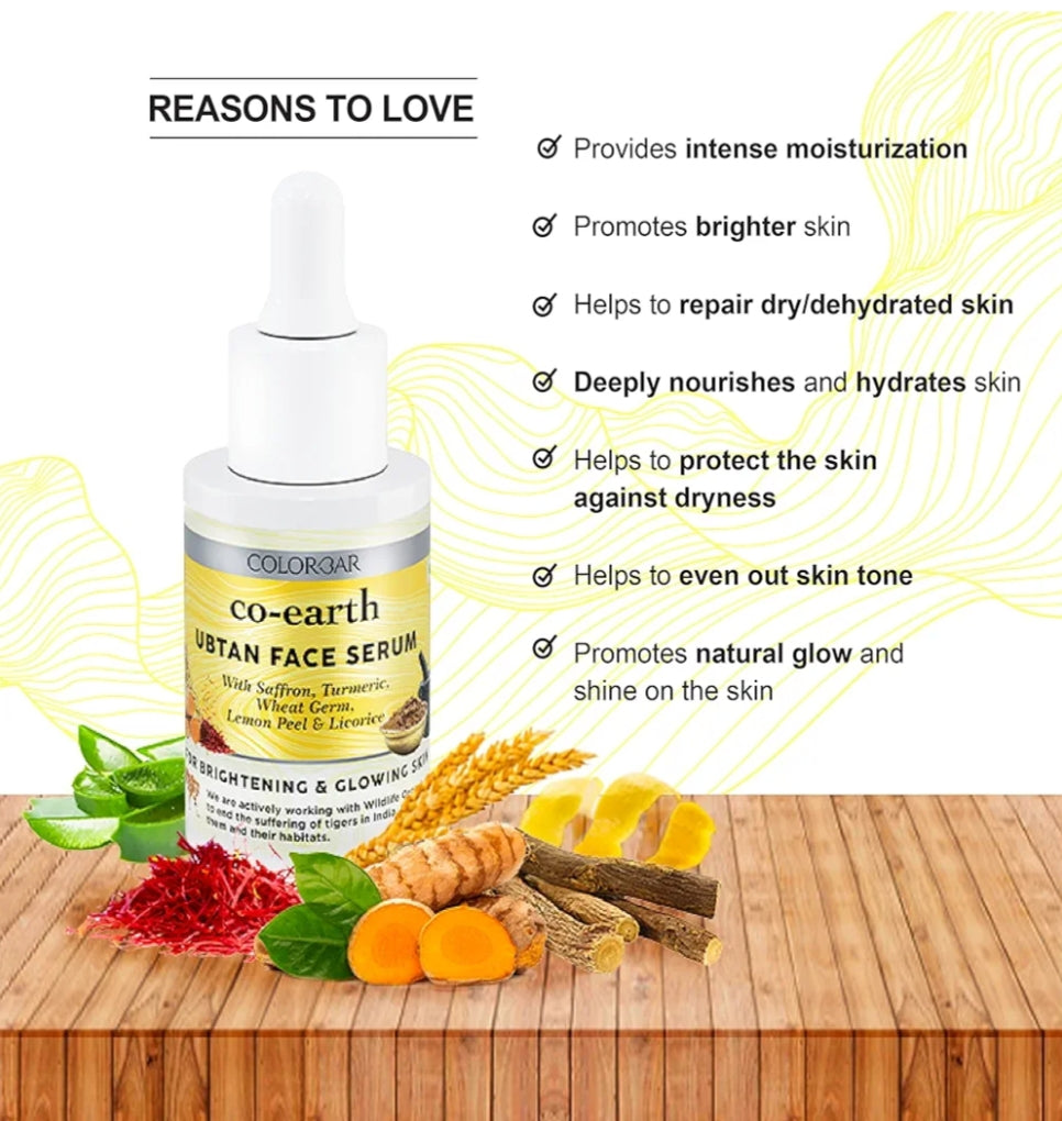 Face Serum- Colorbar Co-Earth Ubtan Face Serum with Saffron, Turmeric, Wheat Germ, Lemon Peel & Licorice for Brightening & Glowing Skin 30ml