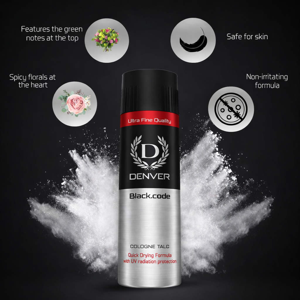 Face & Body Powder- DENVER Black.Code Ultra Fine Quality Cologne Talc with Quick Drying Formula & UV Radiation Protection - 300gm