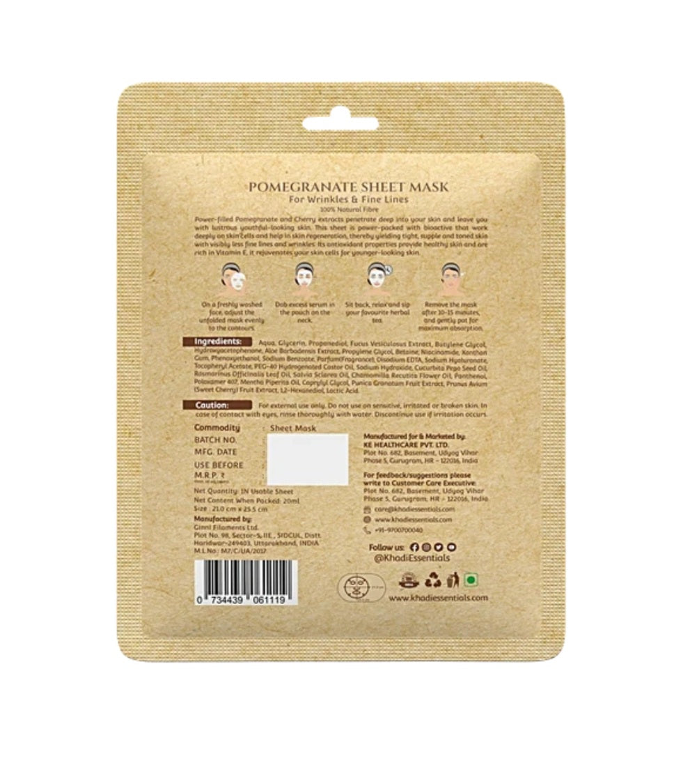 Face Sheet Mask- Khadi Essentials Pomegranate Sheet Mask with Cherry & Vitamin-E for Wrinkles & Fine Lines 25ml