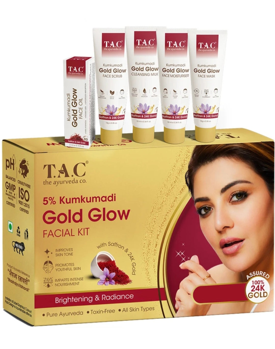 Facial Kit- T.A.C. Ayurveda's 5% Kumkumadi Gold Glow Facial Kit with Saffron & 24K Gold for Instant Brightening and Radiance- 43gm