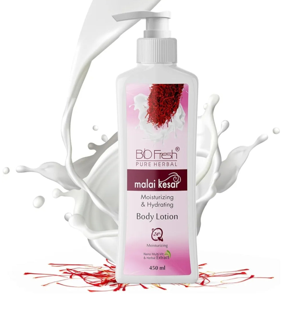 Lotions & Moisturizers- BIOFRESH PURE HERBAL'S Malai Kesar Non-Sticky & Skin Hydrating Body Lotion (24 Hour Moisturizing) 450ml