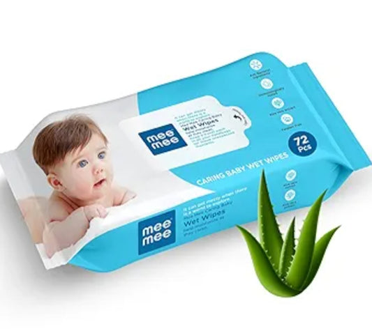 Wipes- mee mee Caring Baby Wet Wipes with Aloe Vera (for Goodness), Castor Oil (for Soothing) and Glycerine (to Lock Moisture) Pack of 72 Pieces
