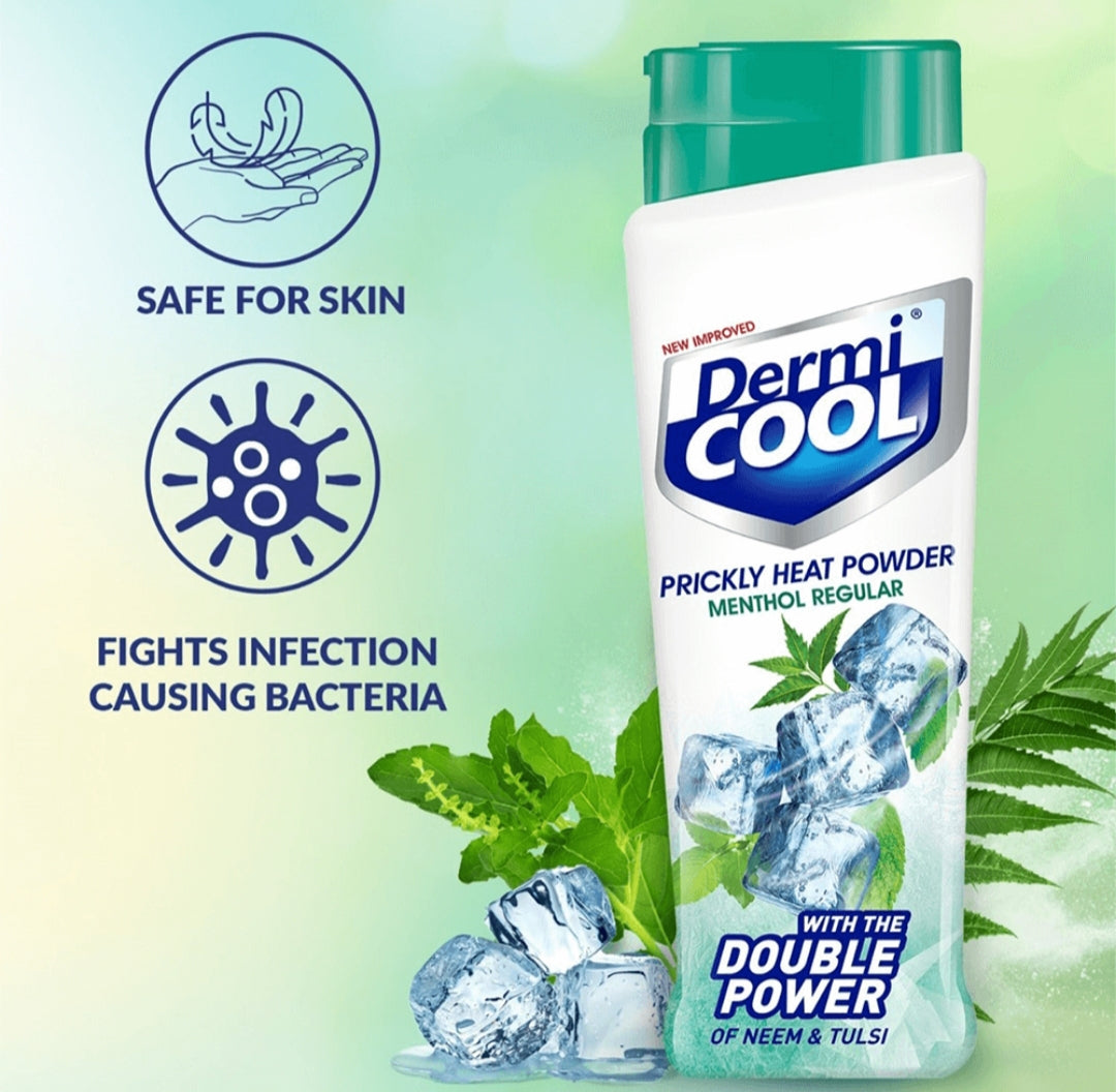Talcum & Prickly Heat Powder- Dermi Cool Menthol Regular Prickly Heat Powder with Double Power of Neem & Tulsi 90gm