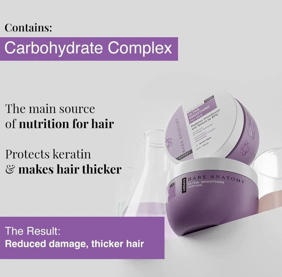 Hair Mask- Bare Anatomy EXPERT Ultra Smoothing Mask Enriched with ingredients like Niacinamide and a carbohydrate complex, which help improve hair condition, maintain moisture balance, and nourish coarse, dry, and frizzy strands - 250gm