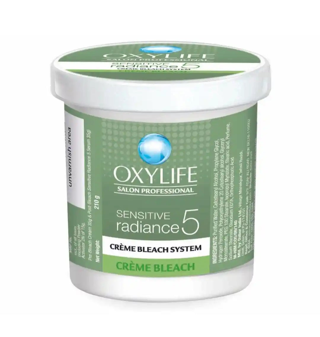 Bleach Cream- OXYLIFE Salon Professional's Aloe Vera enriched SENSITIVE Radiance-5 Bleach Cream with Active Oxygen for Sensitive Skin 310gm (Bleach Cream 210gm, Powder Activator 30gm, Pre-Bleach Cream 35gm & Post-Bleach Cream 35gm)