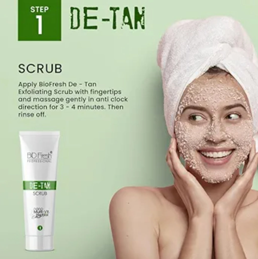 Facial Kit- BIO-FRESH Pure Herbal's 5-Steps (Scrub+Cream+Gel+Pack+Glow Serum De-Tan Facial Kit with Milk & Oats which Removes Tanning, Deep Cleanses, Removes Blackheads, Tightens Pores and Controls Acne & Oil - 90ml