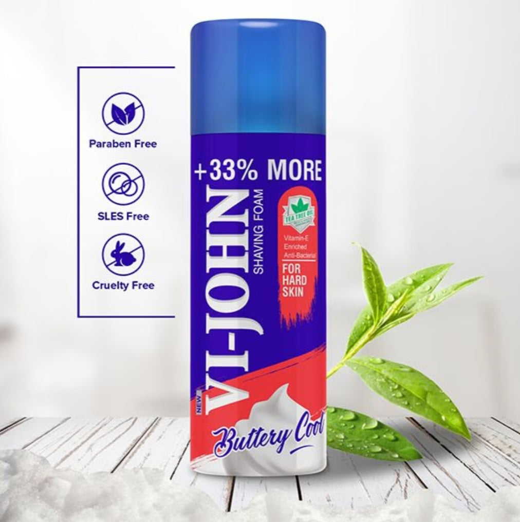 Shaving Foam- Vi-John Buttery Cool Shaving Foam enriched with Vitamin-E & Anti-Bacterial Goodness of Tea Tree Oil, Suitable for Hard Skin - 400gm (300gm +100gm Free)