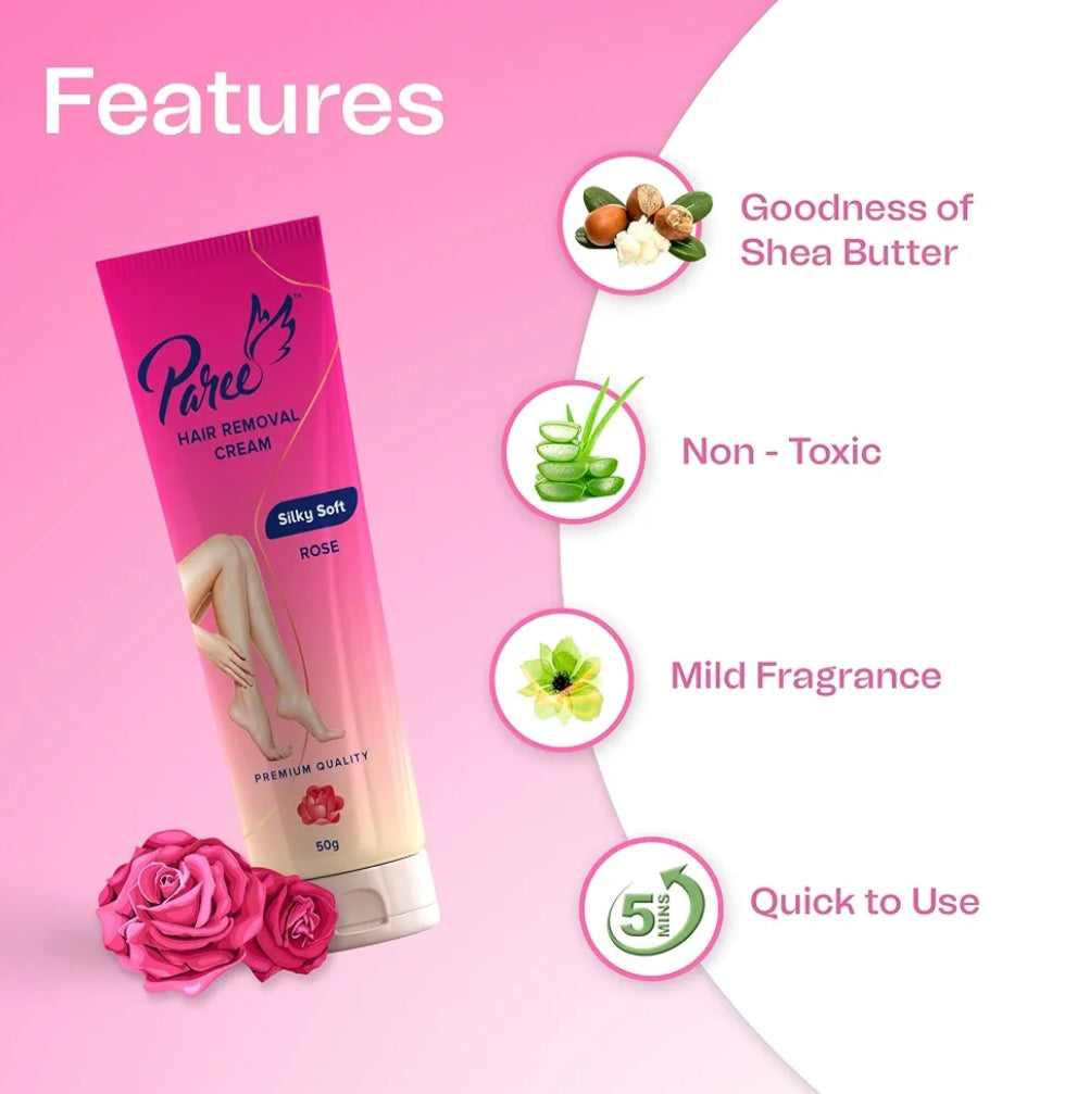 Hair Removal- Paree Premium Quality Silky Soft Hair Removal Cream with Rose Extract suitable for all skin types 50gm