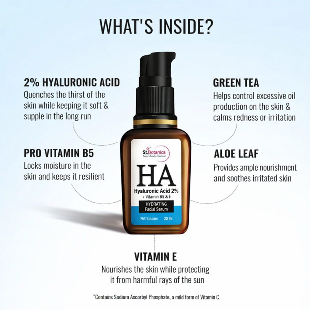 Face Serum- St.Botanica HA (Hyaluronic Acid 2%) + Vitamin-B5 & Vitamin-E Hydrating Facial Serum - 20ml