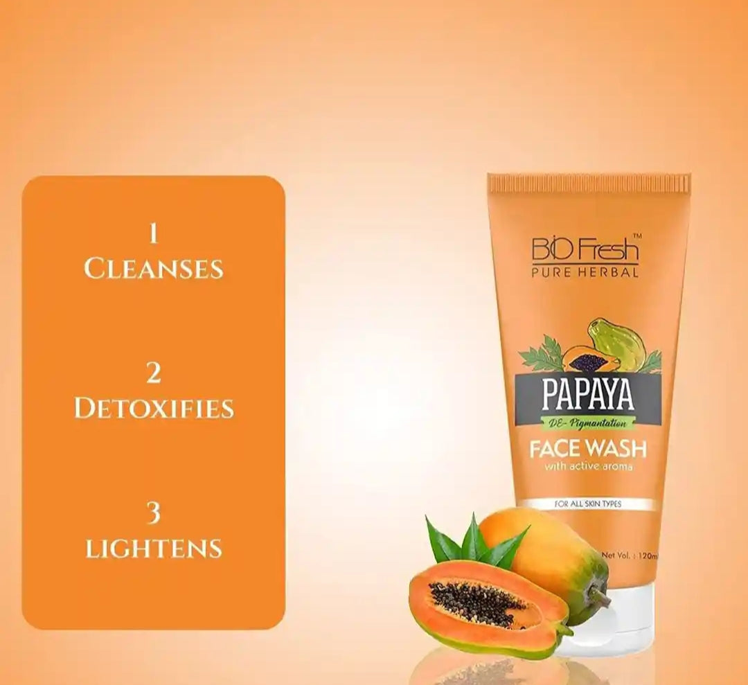 Face Wash- BIO-FRESH Pure Herbal's De-Pigmentation PAPAYA Face Wash with Active Aroma and Nano Multi-Vit Herbal Extract for All Skin Types 120ml