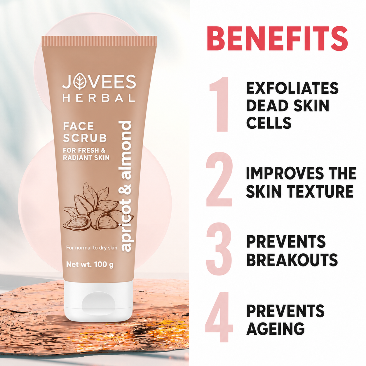 Face Scrub- JOVEES Herbal's Apricot & Almond Face Scrub for Fresh & Radiant Skin usable for Normal to Dry Skin - 100gm