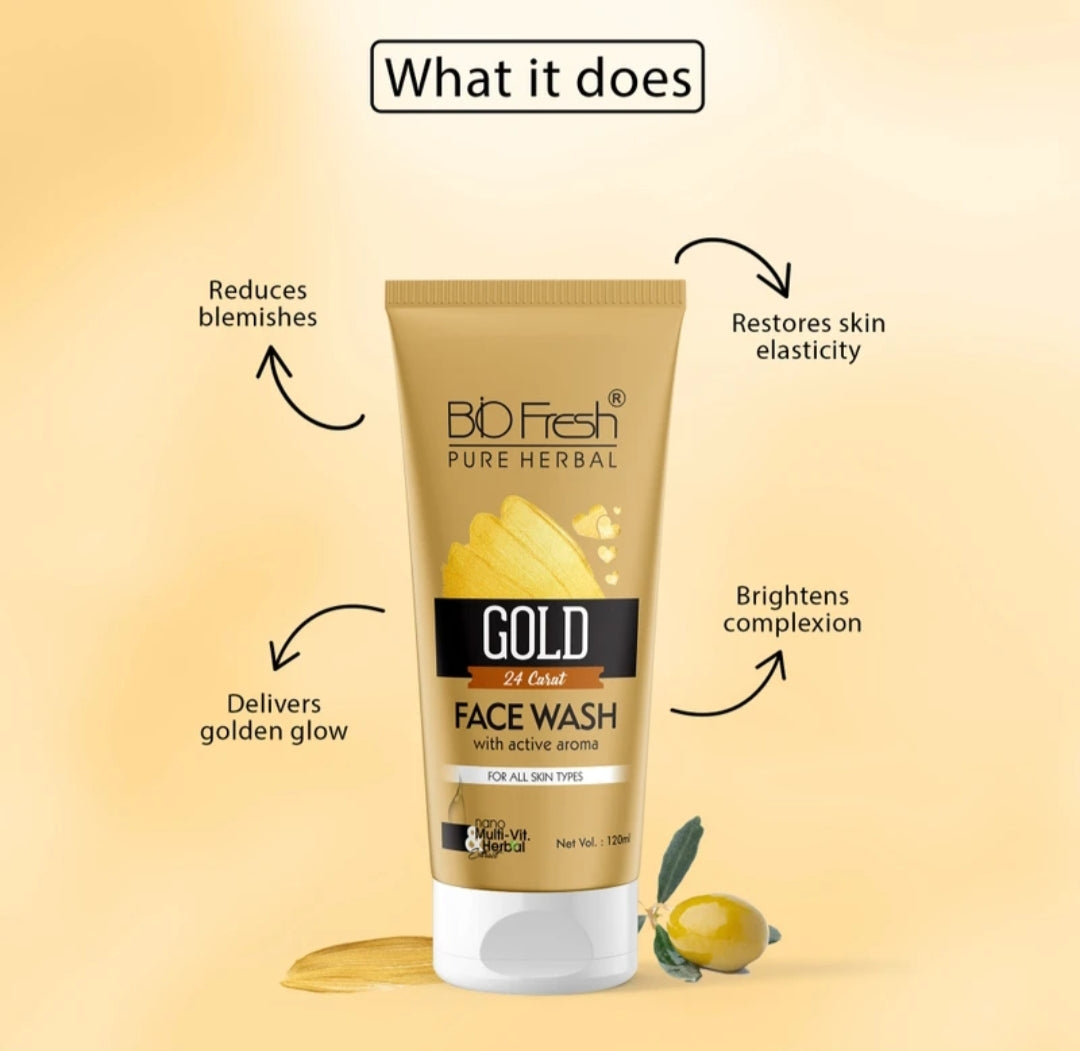 Face Wash- BIO-FRESH Pure Herbal 24 Carat GOLD Face Wash with Active Aroma and Nano Multi-Vit Herbal Extract for All Skin Types 120ml