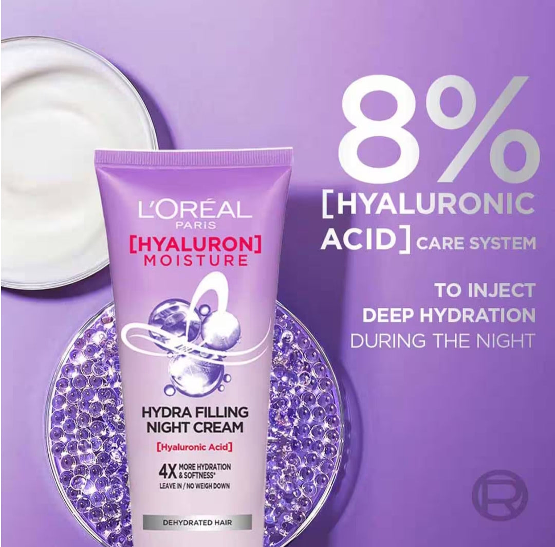 Hair Mask & Cream- L'Oreal Paris Hyaluron Moisture Hydra Filling Night Cream, Powered by Hyaluronic Acid, For Dry & Dehydrated Hair 180 ml