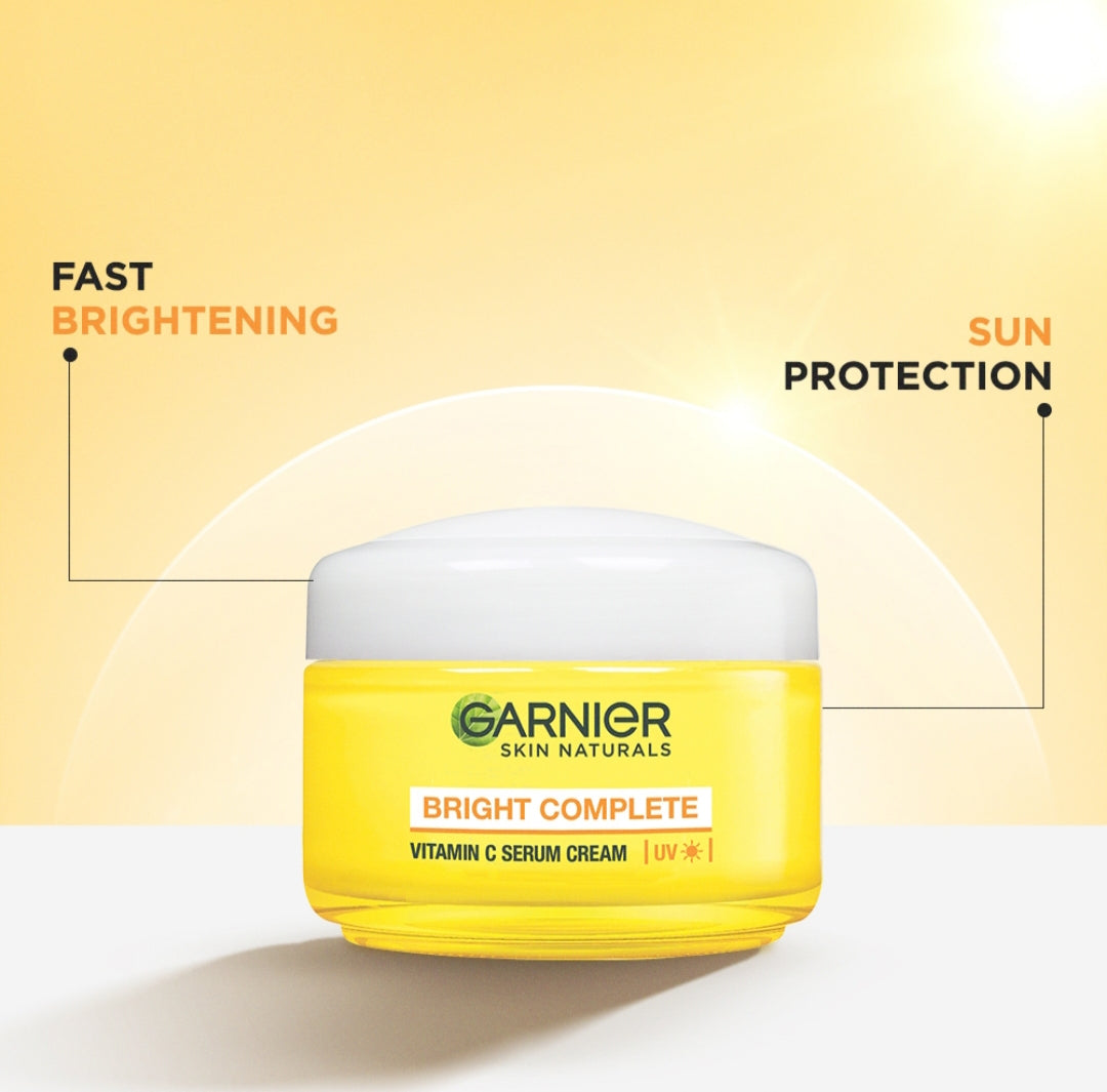 Brightening & Glowing Cream- Garnier's Bright Complete Vitamin-C Serum Cream with UV Protection which Brightens & Evens Skin Tone 23gm