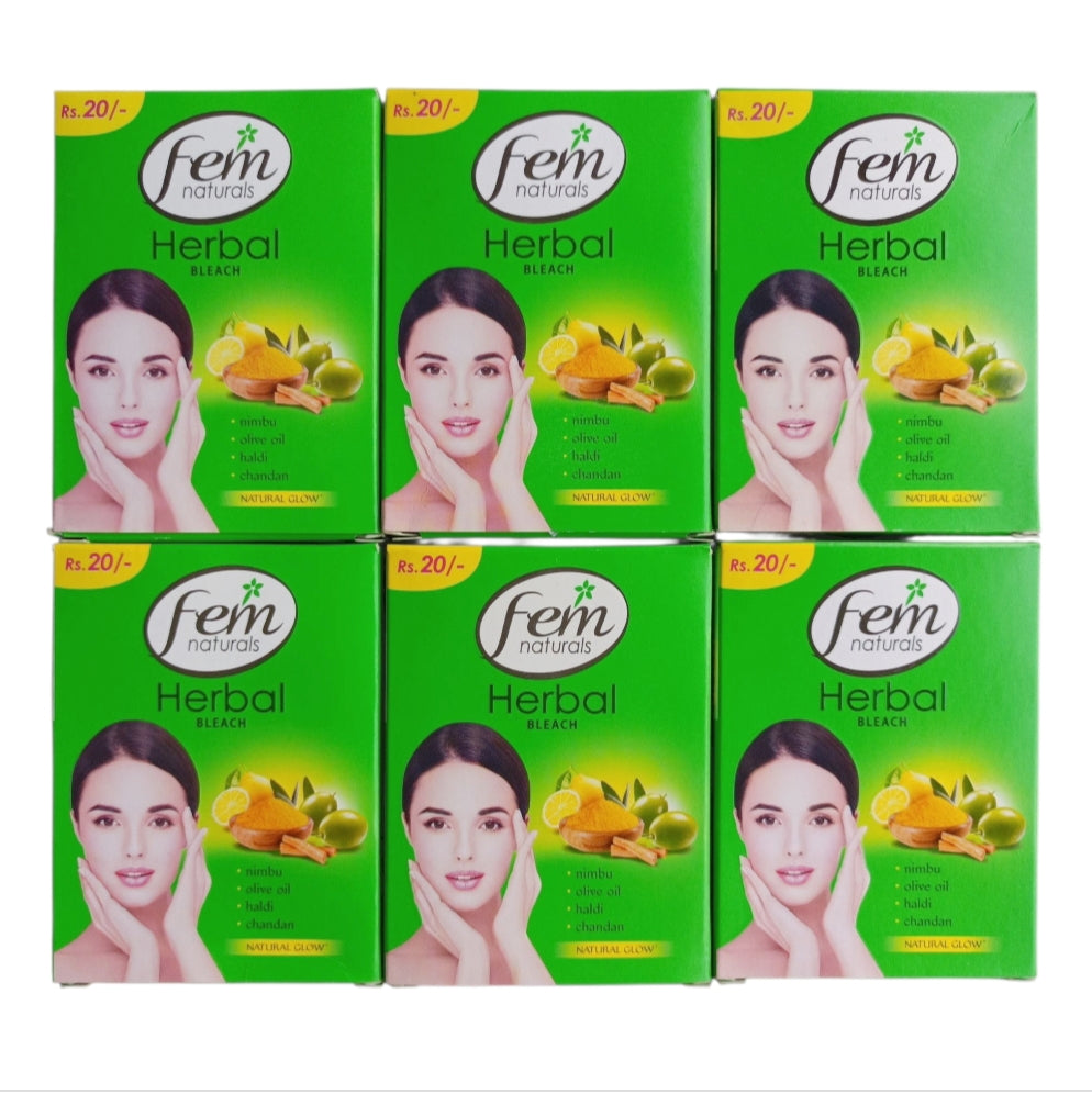 Bleach Cream- Fem Natural's Single Use Herbal Bleach enriched with Nimbu, Olive Oil, Haldi & Chandan for Pure & Natural Glow 8gm (Pack of 6)