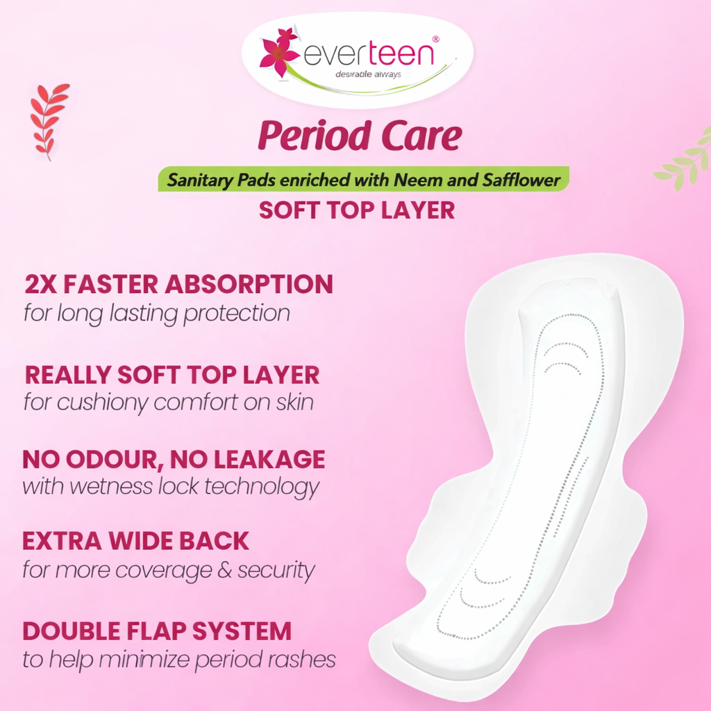 Sanitary Pads- Everteen Period Care Cottony Soft Sanitary Pads enriched with Neem & Safflower with 2X Faster Heavy Flow Absorption - Pack of 18 XL Pads (285mm with Double Flaps)