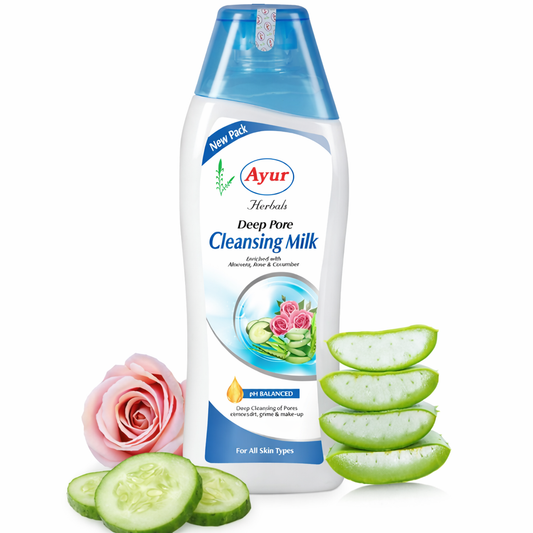 Cleansing Milk- Ayur Herbal's pH Balanced Deep Pore Cleansing Milk enriched with Aloevera, Rose & Cucumber for All Skin Types - 100ml