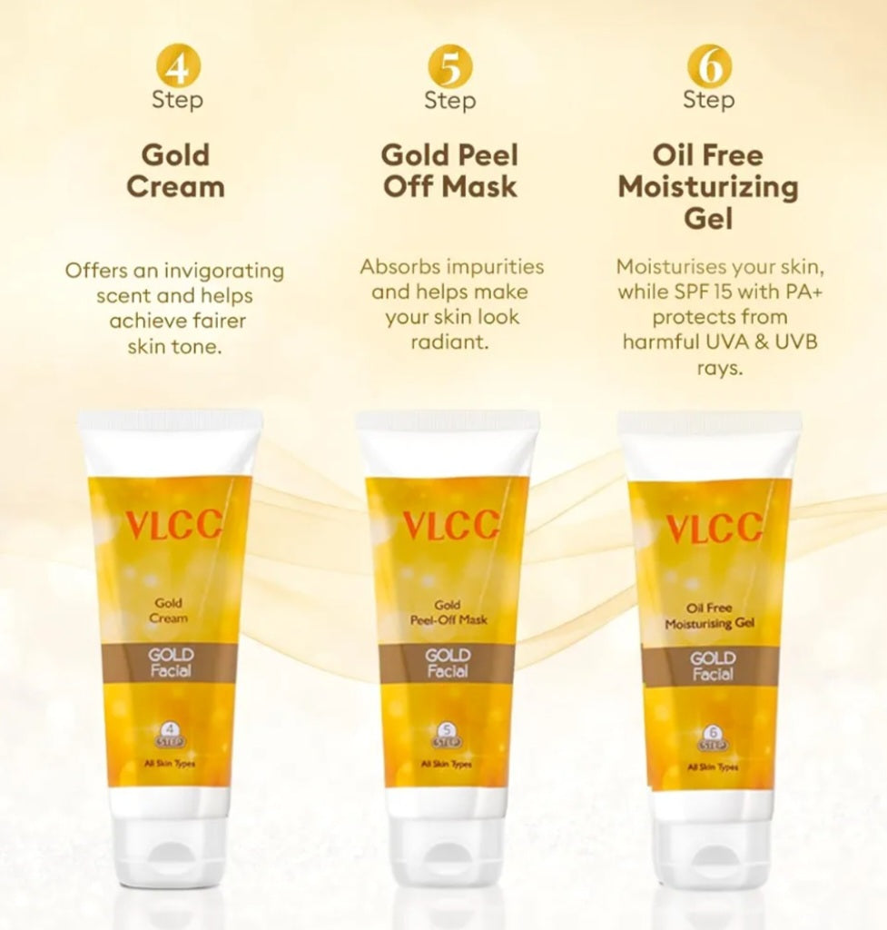 Facial Kit- VLCC Professional's 6-Steps GOLD Facial Kit with Hyaluronic Acid & Aloe Vera for Long-Lasting Golden Glow (300gm) with FREE Rose Water Toner (100ml) worth Rs. 209/-