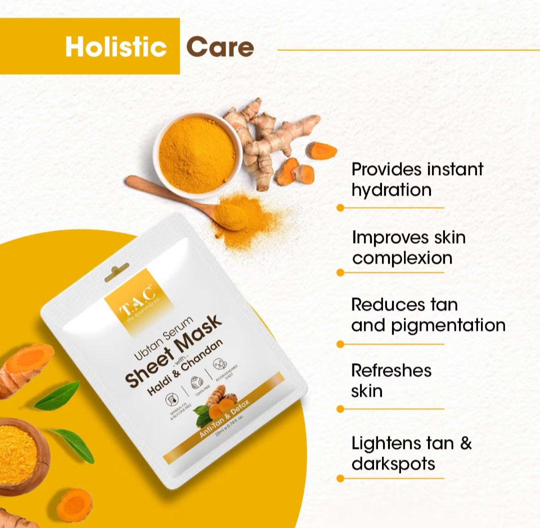 Face Sheet Mask- TAC Ayurveda's Ubtan Serum Sheet Mask with Haldi & Chandan for DeTan & Detox the Skin 22ml