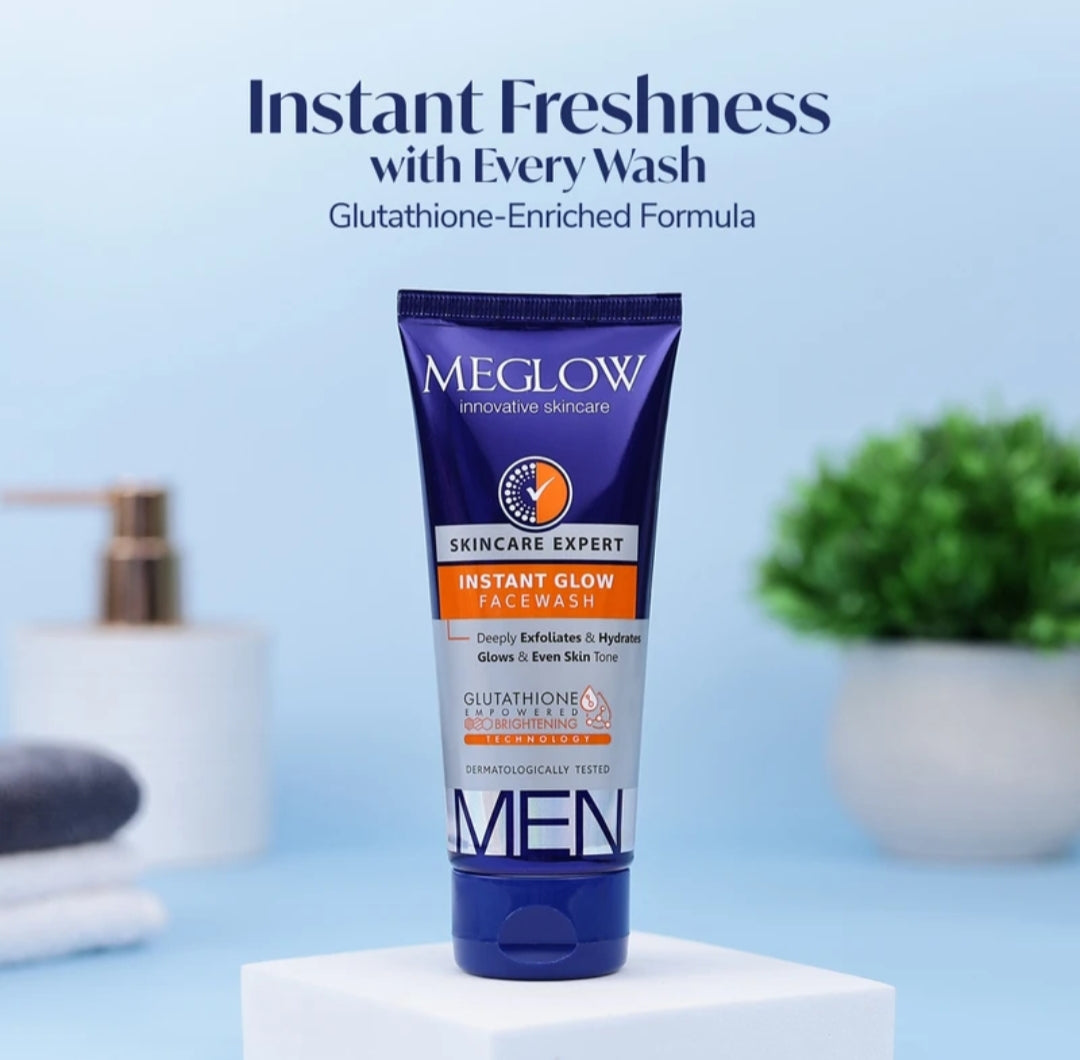 Face Wash- MEGLOW Instant Glow Skin Brightening Glutathione Empowered Face Wash for Men which Deeply Exfoliates & Hydrates 70gm