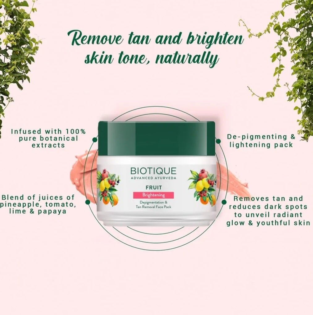 Face Pack and Face Mask- BIOTIQUE Advanced Ayurveda's Bio Fruit Face Pack for Whitening, Depigmentation & Tan Removal - 75gm