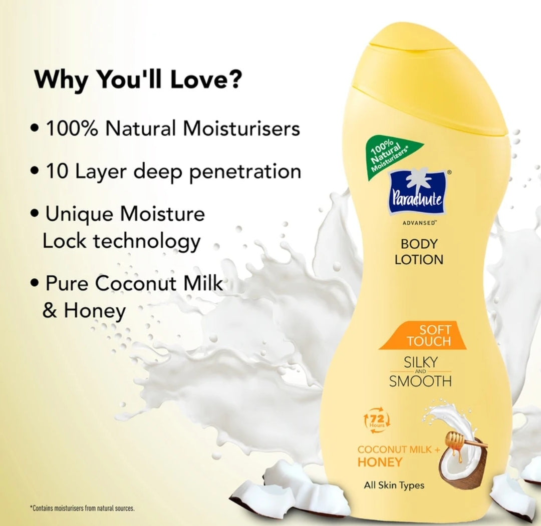 Lotions & Moisturizers- Parachute Advanced Soft Touch Body Lotion with Coconut Milk & Honey (72 Hours Moisture) for All Skin Types 250ml