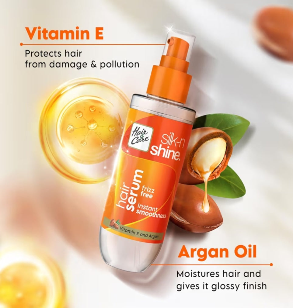 Hair Serum- Hair & Care's Silk-N-Shine Frizz Free Hair Serum enriched with Vitamin-E and Argan Oil for Instant Smoothness - 50ml