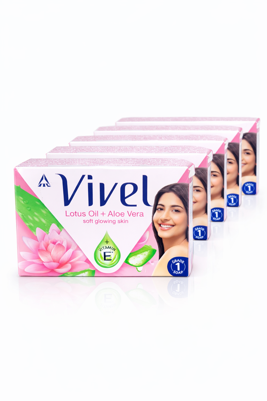 Bathing Soap- Vivel Lotus Oil and Aloe Vera Soap with the Goodness of Vitamin-E (Set of 5 Soaps) for Soft & Glowing Skin - 450gm (90gm x 5)