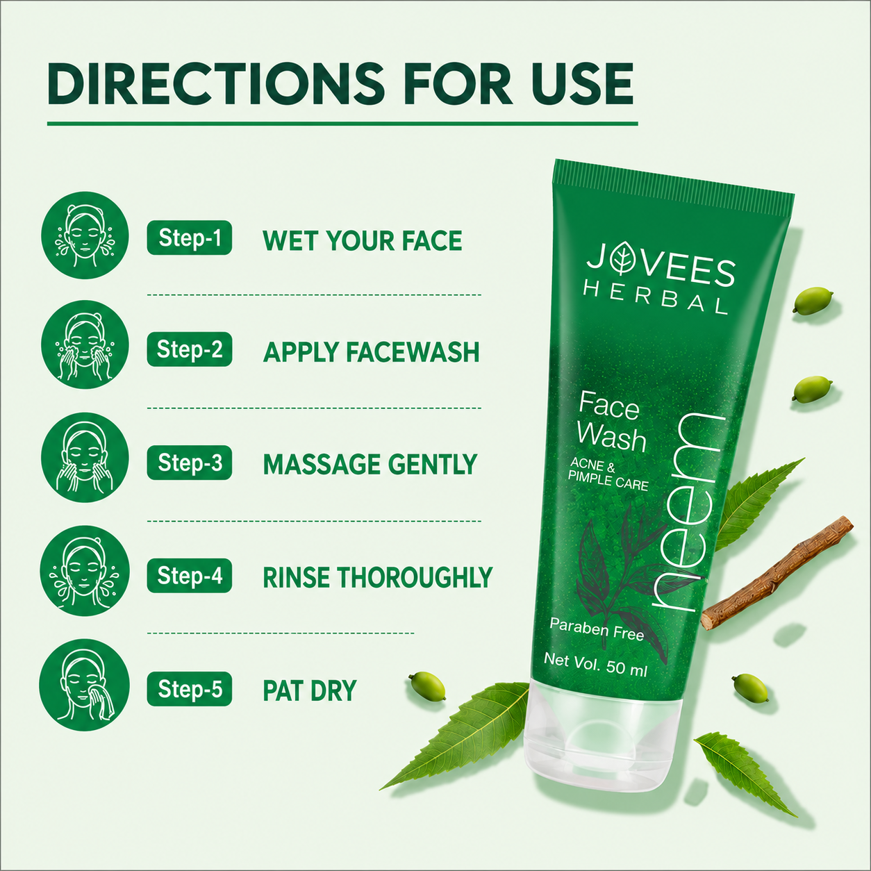 Face Wash- JOVEES Herbal's Paraben Free NEEM Face Wash for Acne & Pimple Care - 50ml