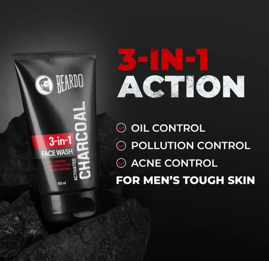 Face Wash- BEARDO 3-in-1 Activated Charcoal Face Wash 100ml ! Oil Control ! Anti Pollution ! Acne Control