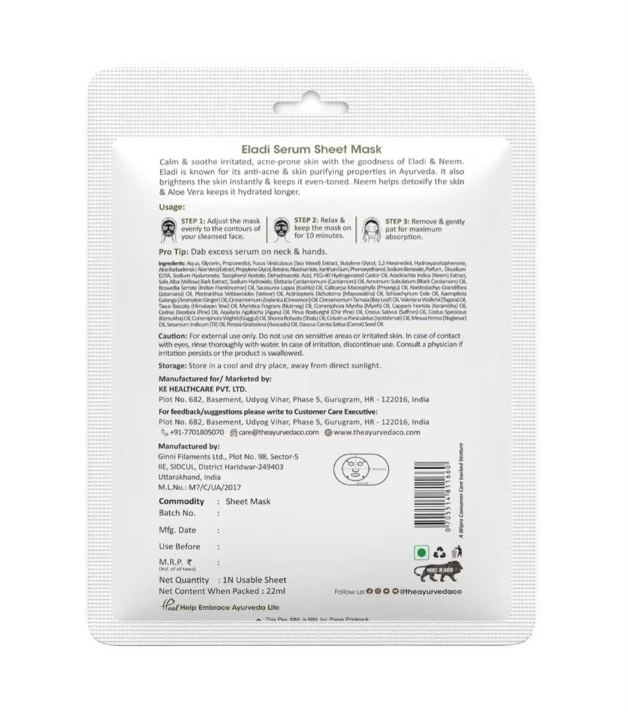Face Sheet Mask- TAC Ayurveda's Eladi Serum Sheet Mask with Power of Neem which Controls Acne & Pimple 22ml