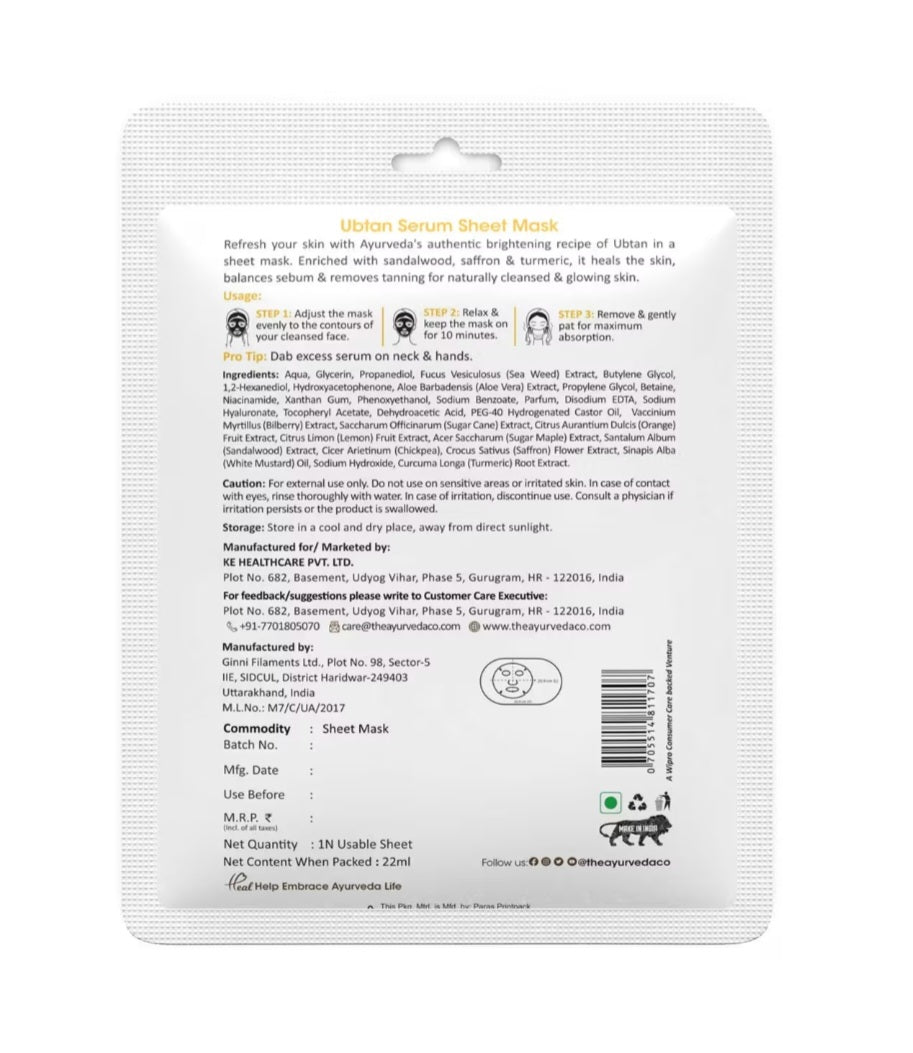 Face Sheet Mask- TAC Ayurveda's Ubtan Serum Sheet Mask with Haldi & Chandan for DeTan & Detox the Skin 22ml