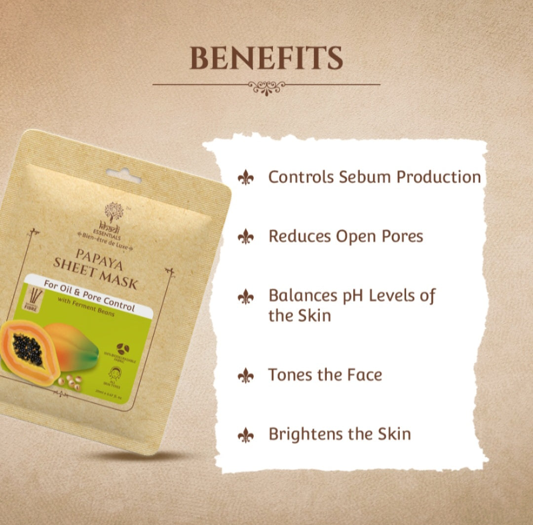 Face Sheet Mask- Khadi Essentials Papaya Sheet Mask with Ferment Beans for Oil & Pore Control 25ml