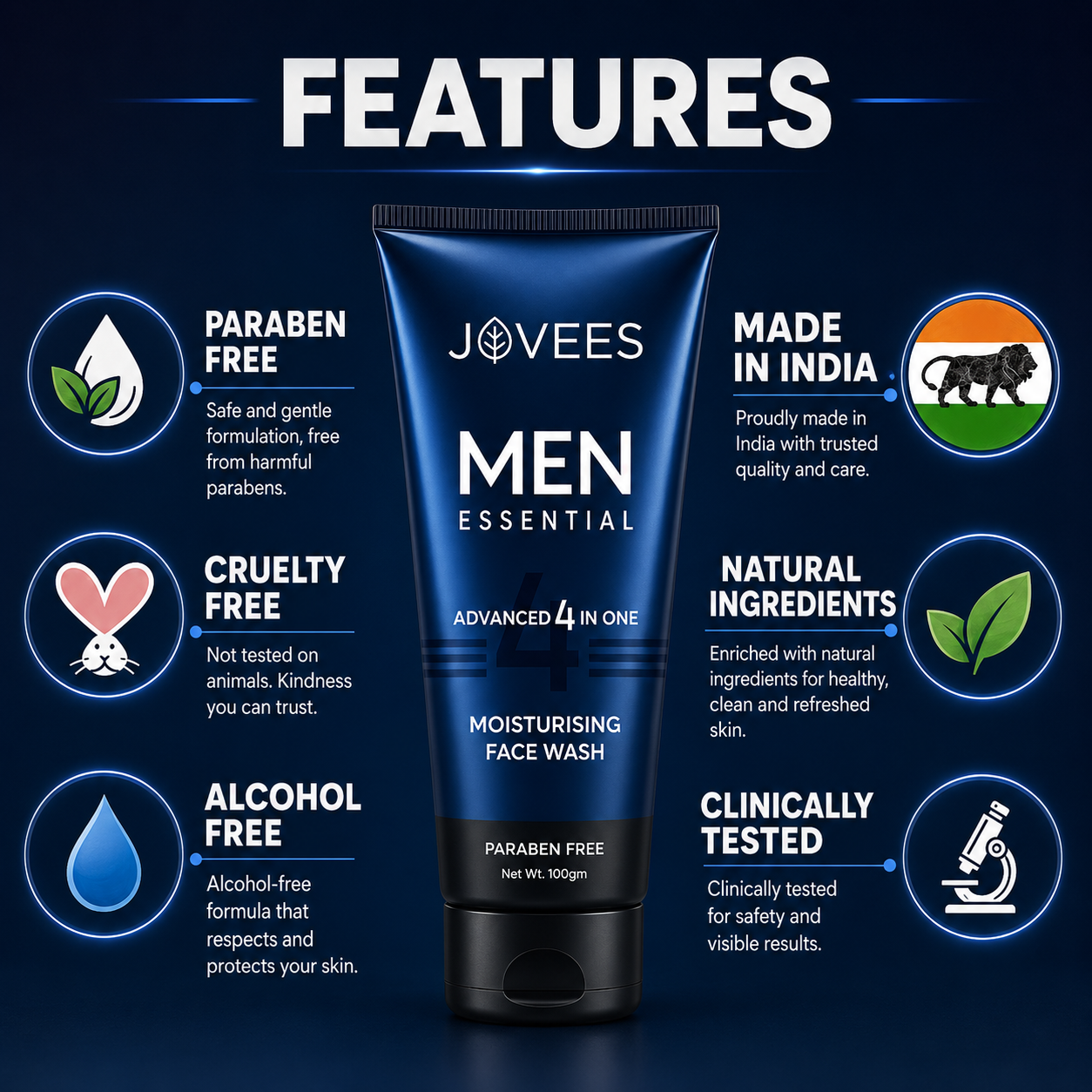 Face Wash- JOVEES Herbal's Paraben Free Advanced 4-in-1 Moisturizing Face Wash for Men - 100gm