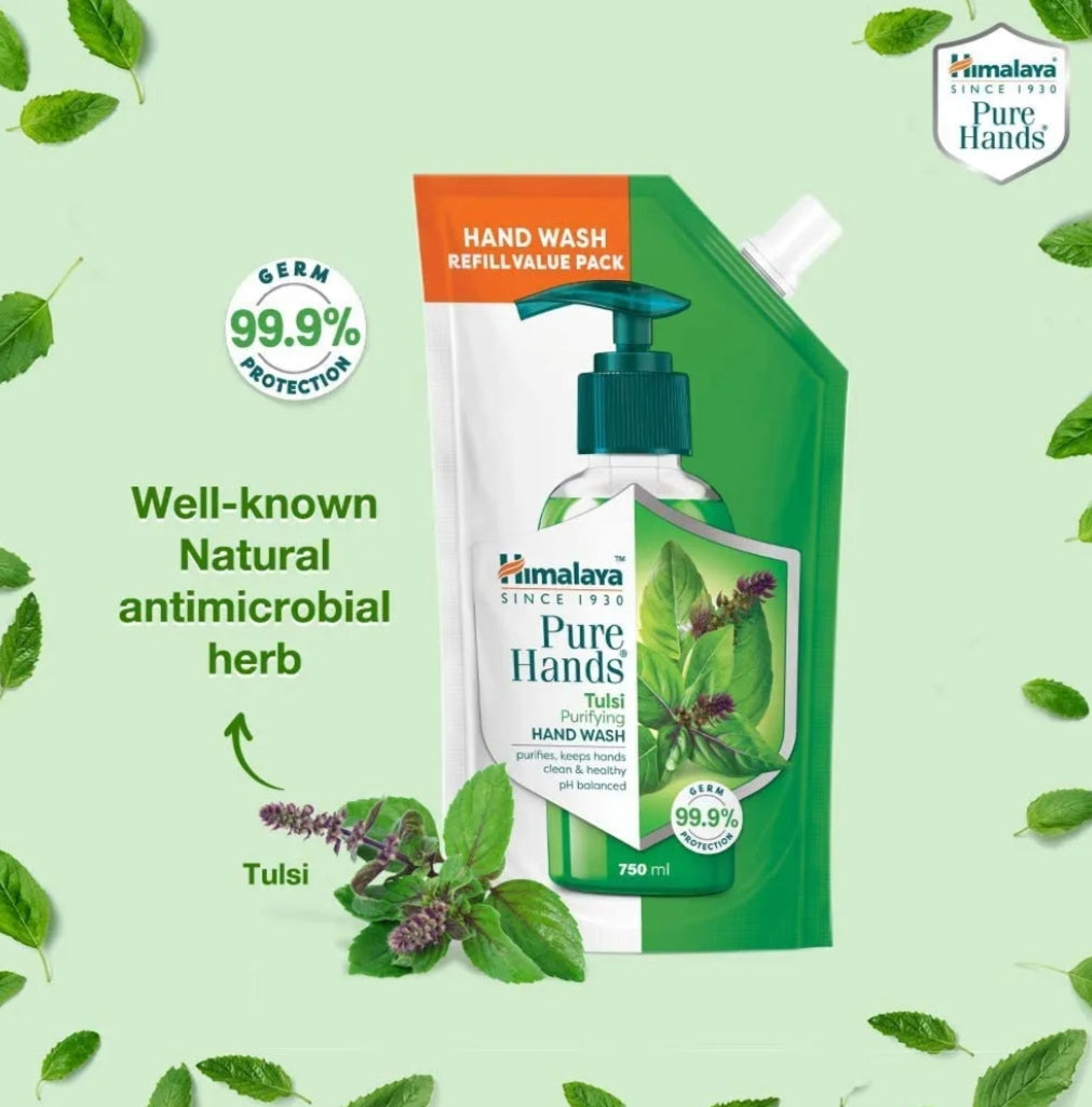 Hand Wash- Himalaya Pure Hands Tulsi Purifying PH Balanced Hand Wash which Purifies, Keeps Hands Clean & Healthy and gives Germ Protection upto 99.9% - Refill Value Pack 185ml