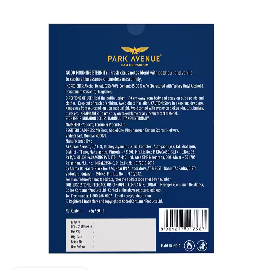 Perfumes & Deodorants- PARK AVENUE GOOD MORNING ETERNITY Perfume Spray with Fresh Citrus, Vanilla & Patchouli 50ml