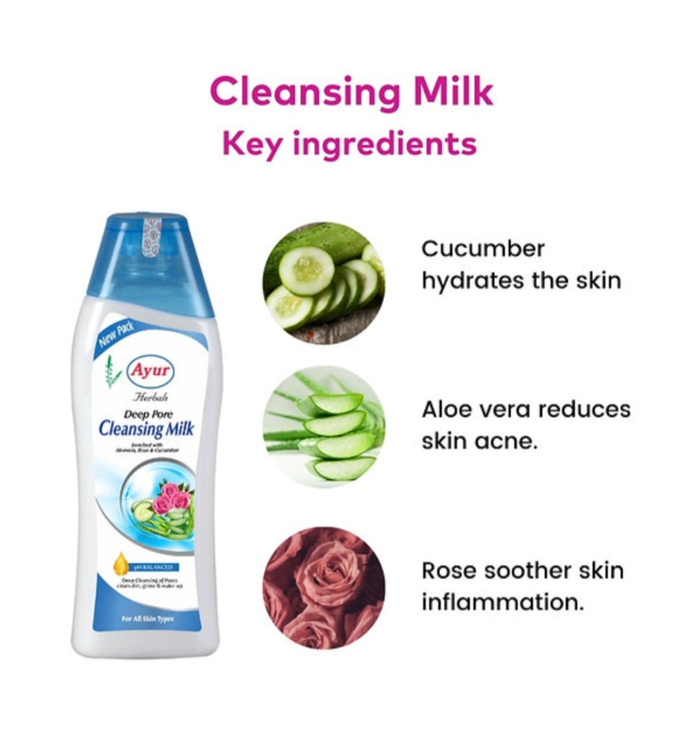 Cleansing Milk- Ayur Herbal's pH Balanced Deep Pore Cleansing Milk enriched with Aloevera, Rose & Cucumber for All Skin Types - 100ml