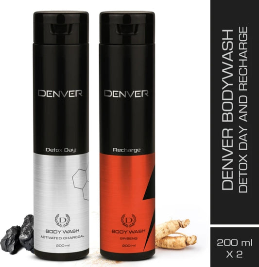 Body Wash- DENVER Detox Day Body Wash with Activated Charcoal (200ml) + DENVER Recharge Body Wash with Ginseng (200ml)
