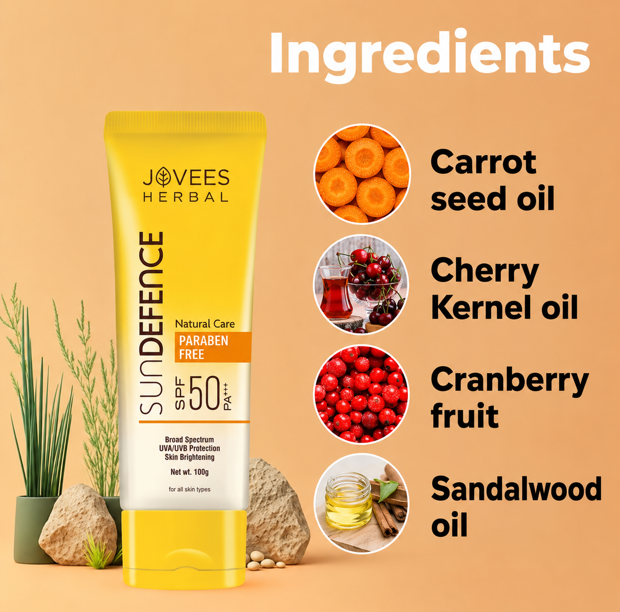 Sunscreen- JOVEES Herbal's SUNDEFENCE Paraben Free SPF-50 PA+++ (UVA/UVB Protection) Skin Brightening Natural Care Sunscreen suitable for All Skin Types - 100gm