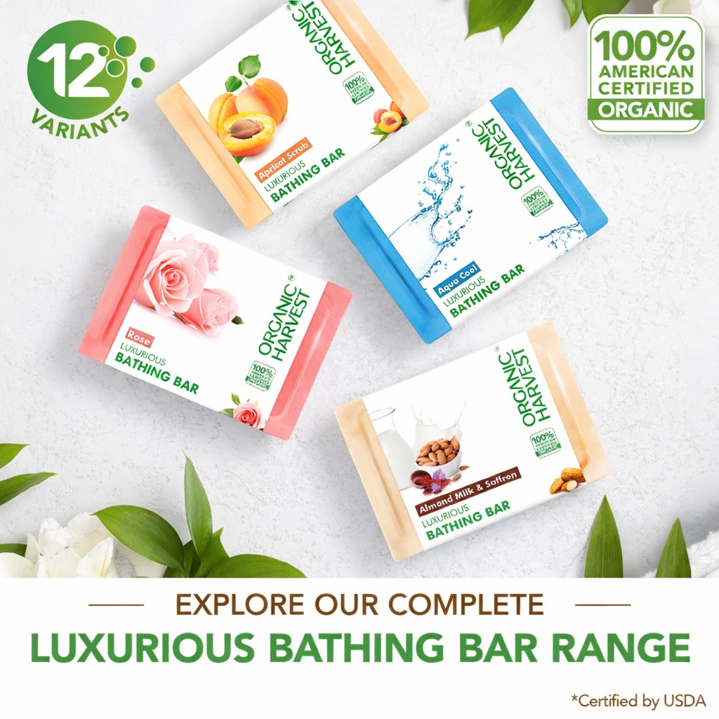 Bathing Soap- Organic Harvest's Luxurious Bathing Bar Combo Pack of 4 Soaps (1. Aloevera, 2. Aqua Cool, 3. Chandan Haldi & 4. Rose - 200gm (50gm x 4)
