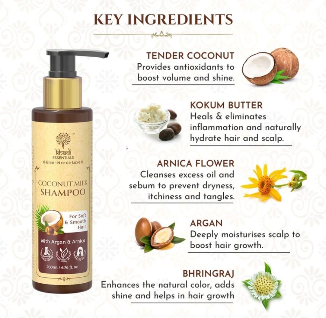 Shampoo and Conditioner- Khadi Natural's Coconut Milk Shampoo with Argan & Arnica for Soft & Smooth Hair 200ml