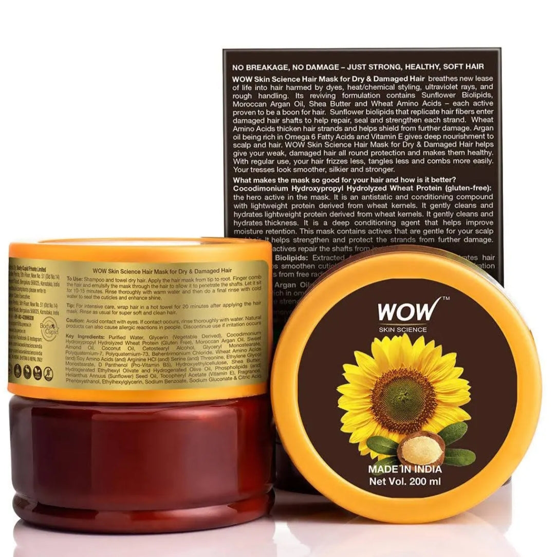 Hair Mask- WOW Sunflower Biolipids & Argan Oil Hair Mask for Dry and Damaged Hair - 200ml