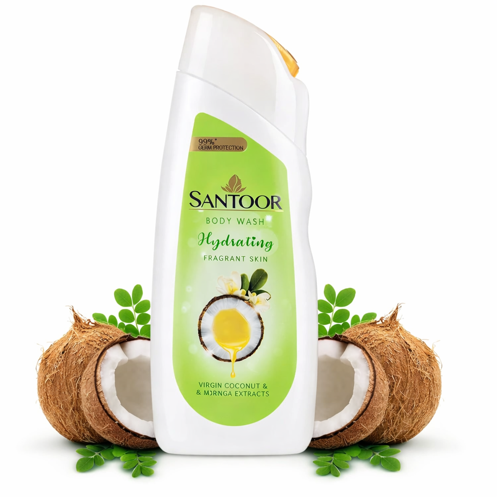 Body Wash & Shower Gel- Santoor Hydrating Body Wash enriched with Virgin Coconut Oil & Moringa Extracts for Hydrated and Fragrant Skin which gives 99% Germ Protection - 230ml