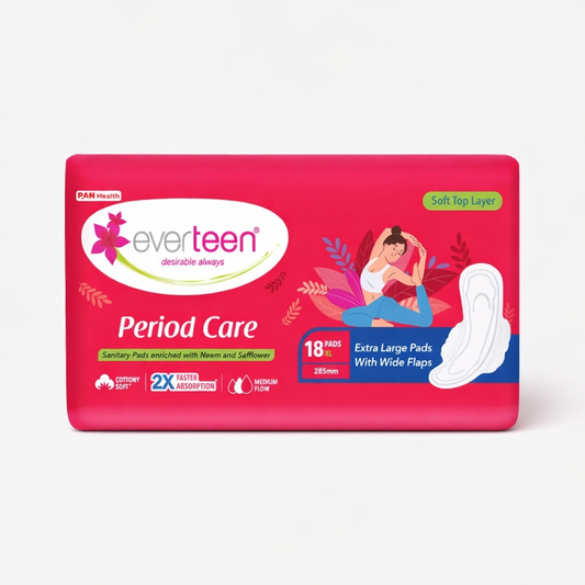 Sanitary Pads- Everteen Period Care Cottony Soft Sanitary Pads enriched with Neem & Safflower with 2X Faster Heavy Flow Absorption - Pack of 18 XL Pads (285mm with Double Flaps)