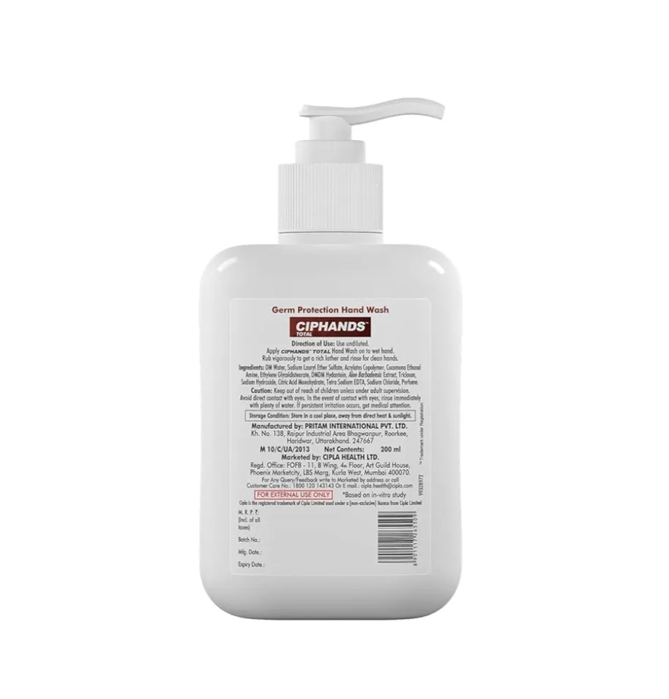 Hand Wash- Cipla's CIPHANDS Total Germ Protection Hand Wash enriched with Aloe Vera which Cleanses & Moisturizes your hands upto 99.9% - 200ml